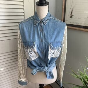 Vintage CACHE Shirt Womens Small Blue Chambray Studded Lace Sleeve 90s Western